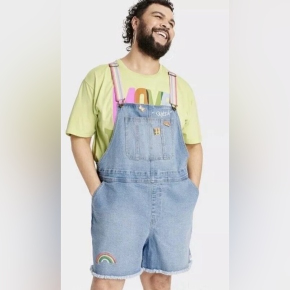 UNISEX Pride Adult QUEEN Rainbow Denim Short overalls - Picture 2 of 6
